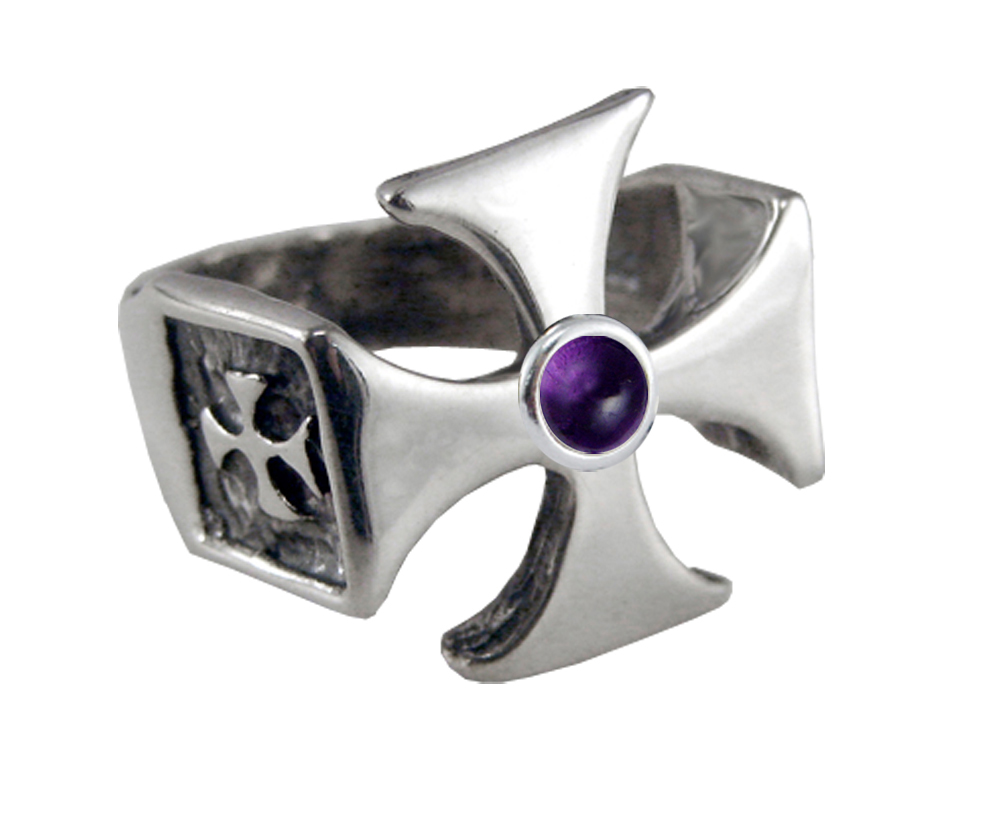 Sterling Silver Iron Cross Ring With Amethyst For a Man or Woman Size 8